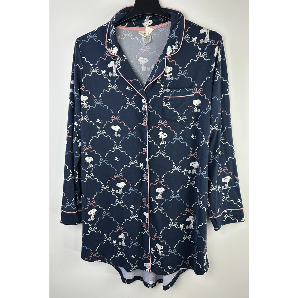 munki munki x Peanuts Sleep Shirt Dress Snoopy Print Navy Blue Button Medium - Picture 10 of 10